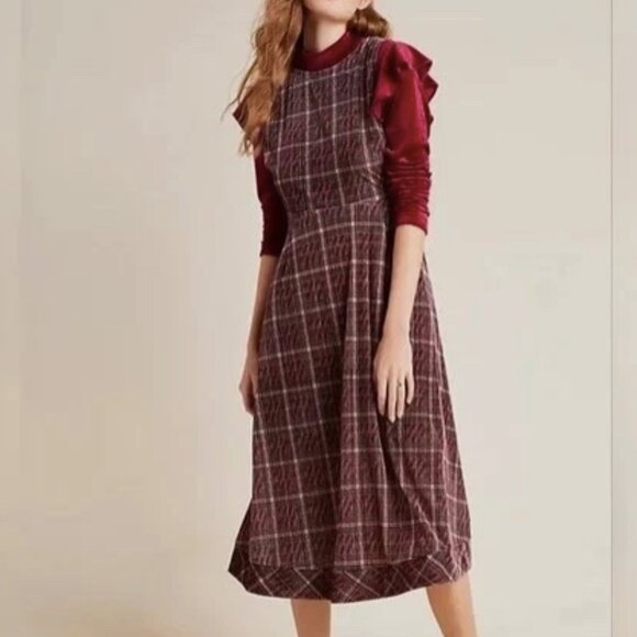 ANTHROPOLOGIE Sleeveless MIDI DRESS Holiday PLUM PLAID Velvet Size XS PARTY - Picture 1 of 10